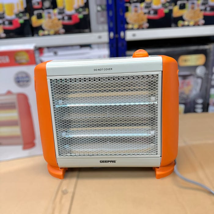 Geepas GHH9552P halogen heater, front view with three heating tubes